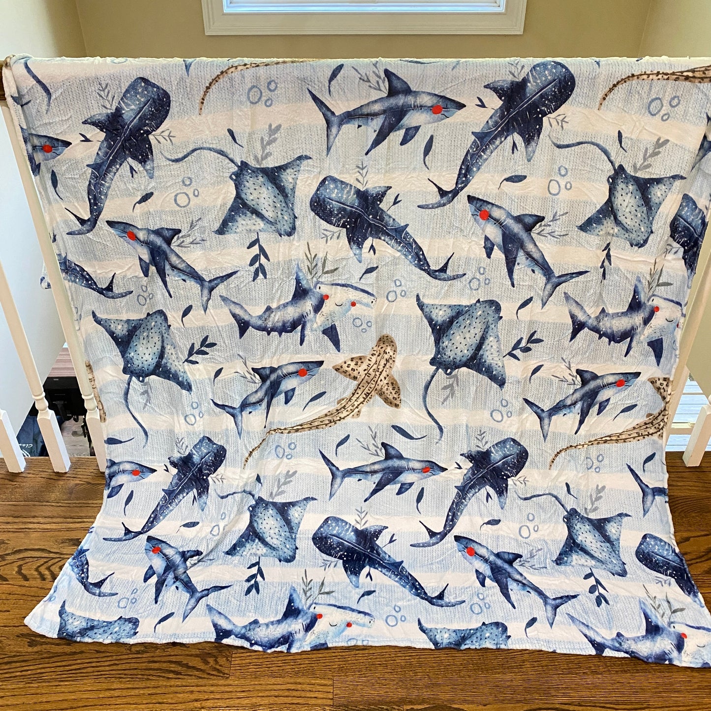 Ocean Blue Stripe Stingray Shark Minky Blanket