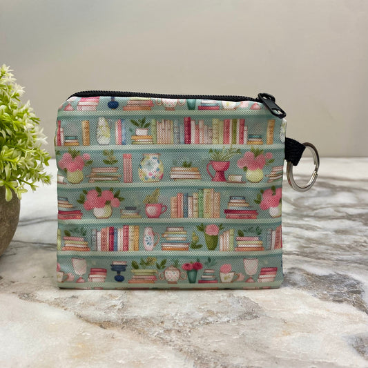 Mint Floral Bookcase - Water-Resistant Mini Pouch w/ Keyring