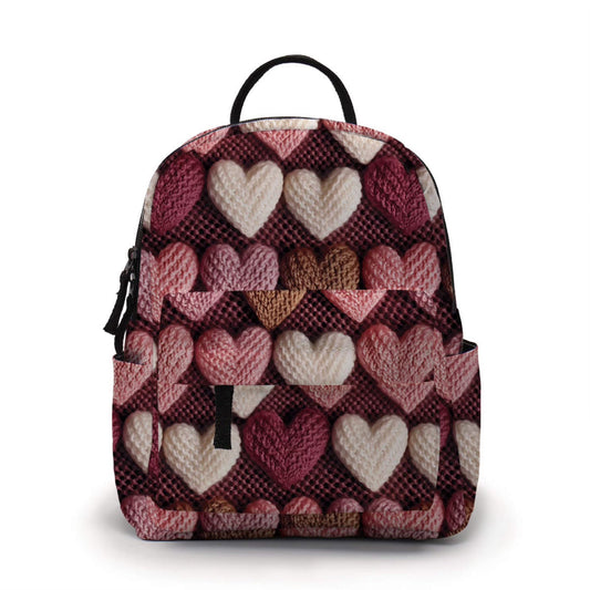 Knit Hearts On Maroon - Water-Resistant Mini Backpack