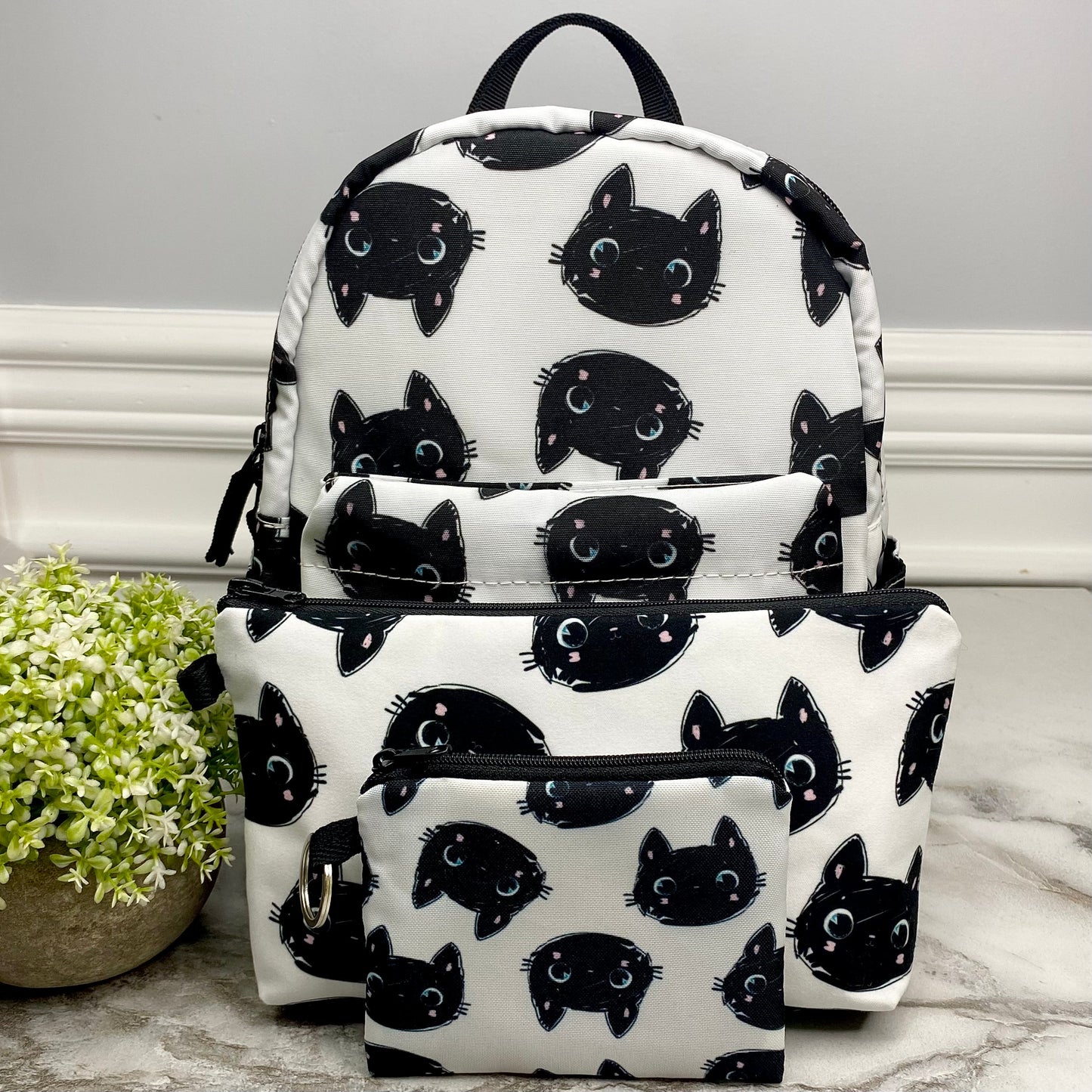 Black Cat Head - Water-Resistant Mini Backpack & Pouches Se