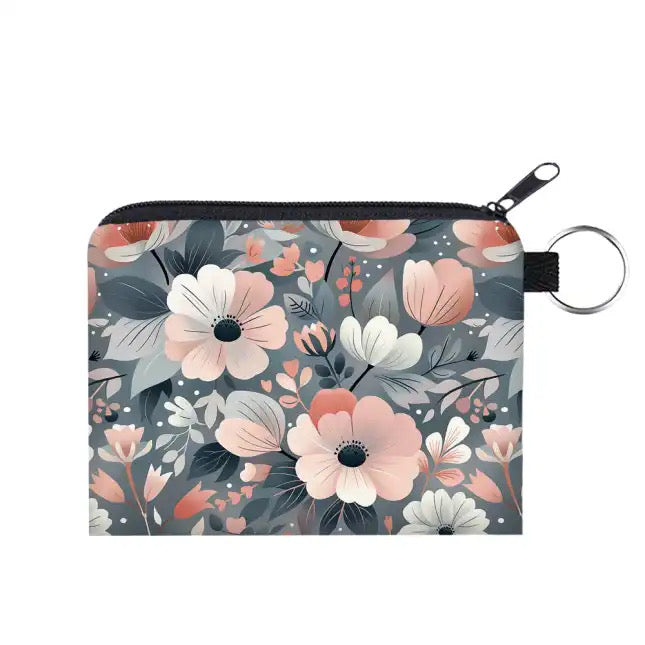 Pink Grey Floral - Water-Resistant Mini Pouch w/ Keyring