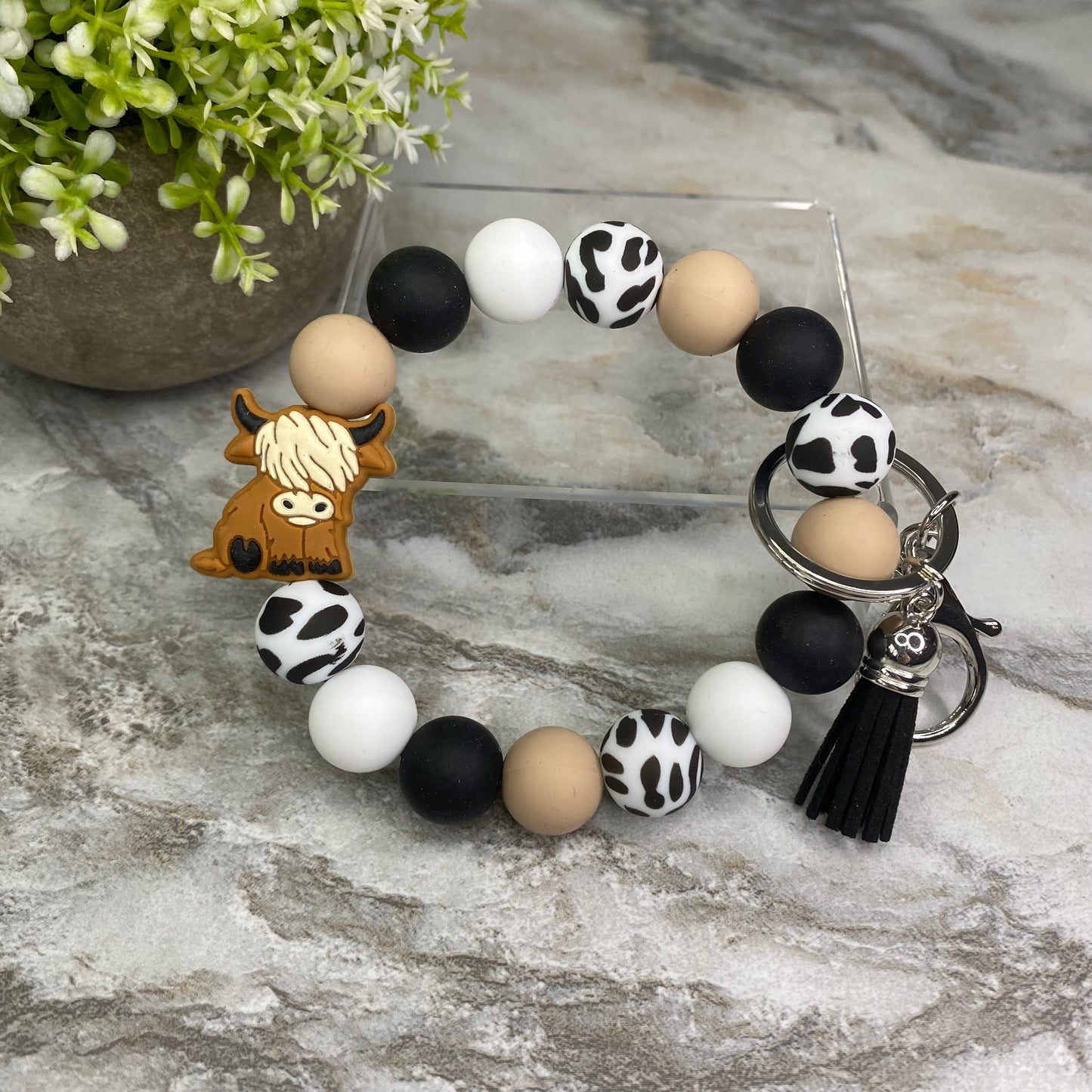 Silicone Bracelet Keychain - Black Spot Highland Cow