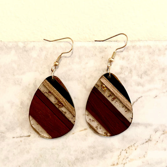 Dangle Earring - Wood & Acrylic - Clear Gold Glitter & Wood