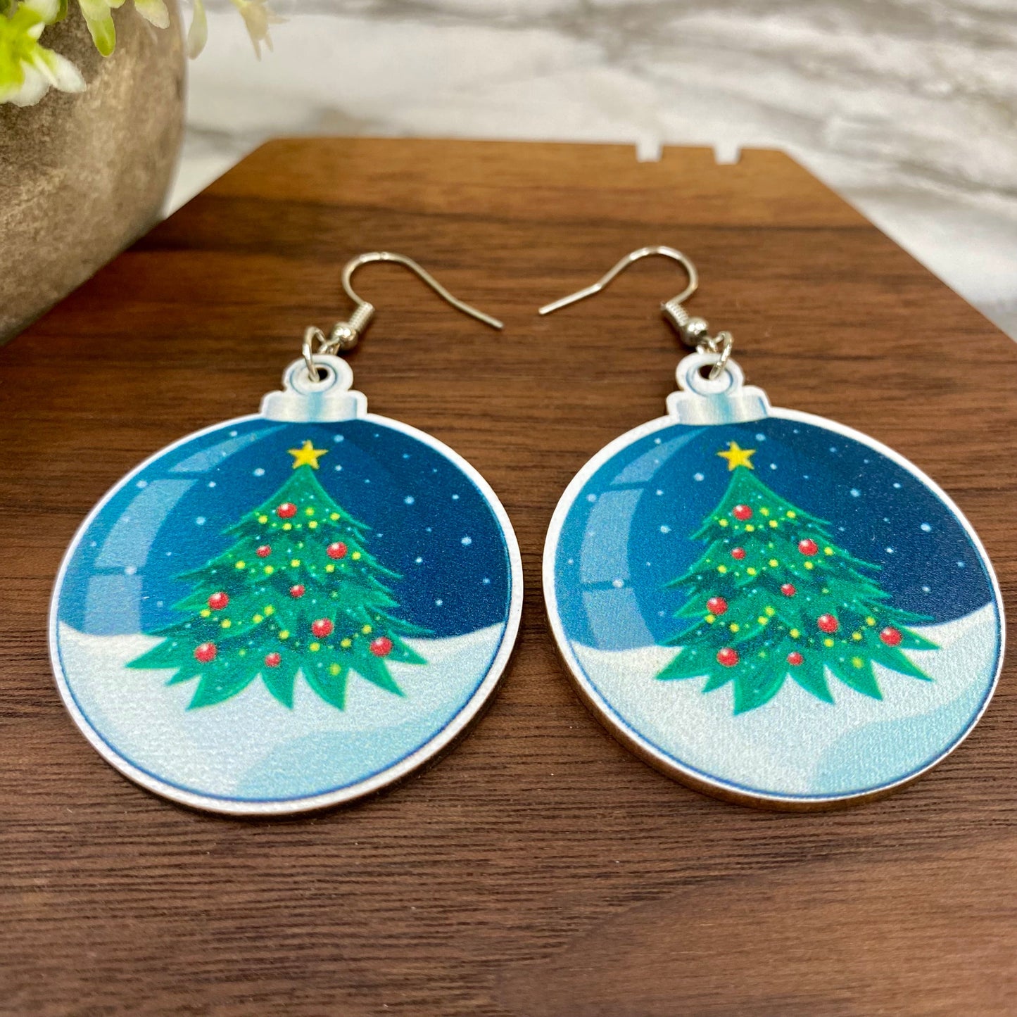 Wooden Dangle Earrings - Holiday Christmas - Tree Ornament