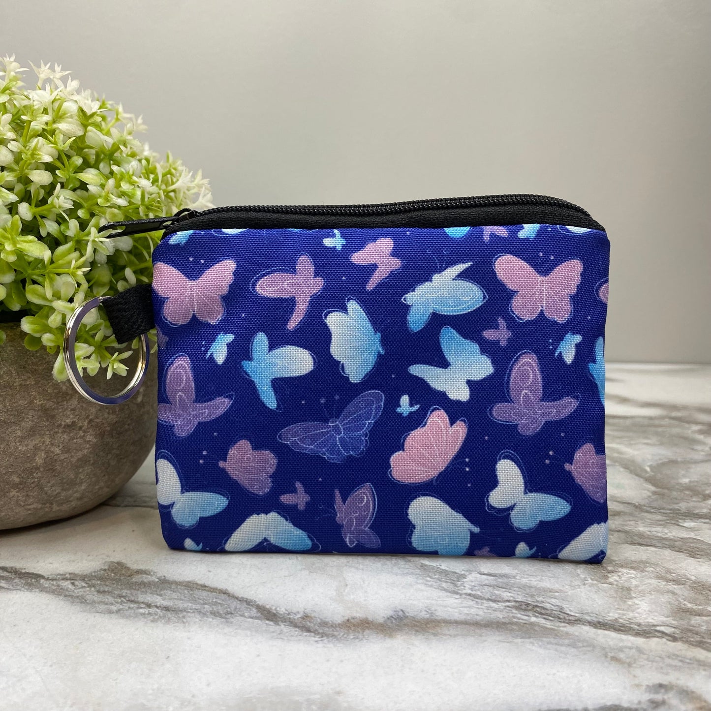 Butterflies on Blue - Water-Resistant Mini Pouch w/ Keyring