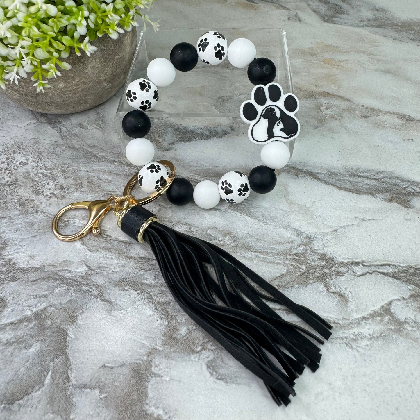 Silicone / Wood Bracelet Keychain - Paw B&W