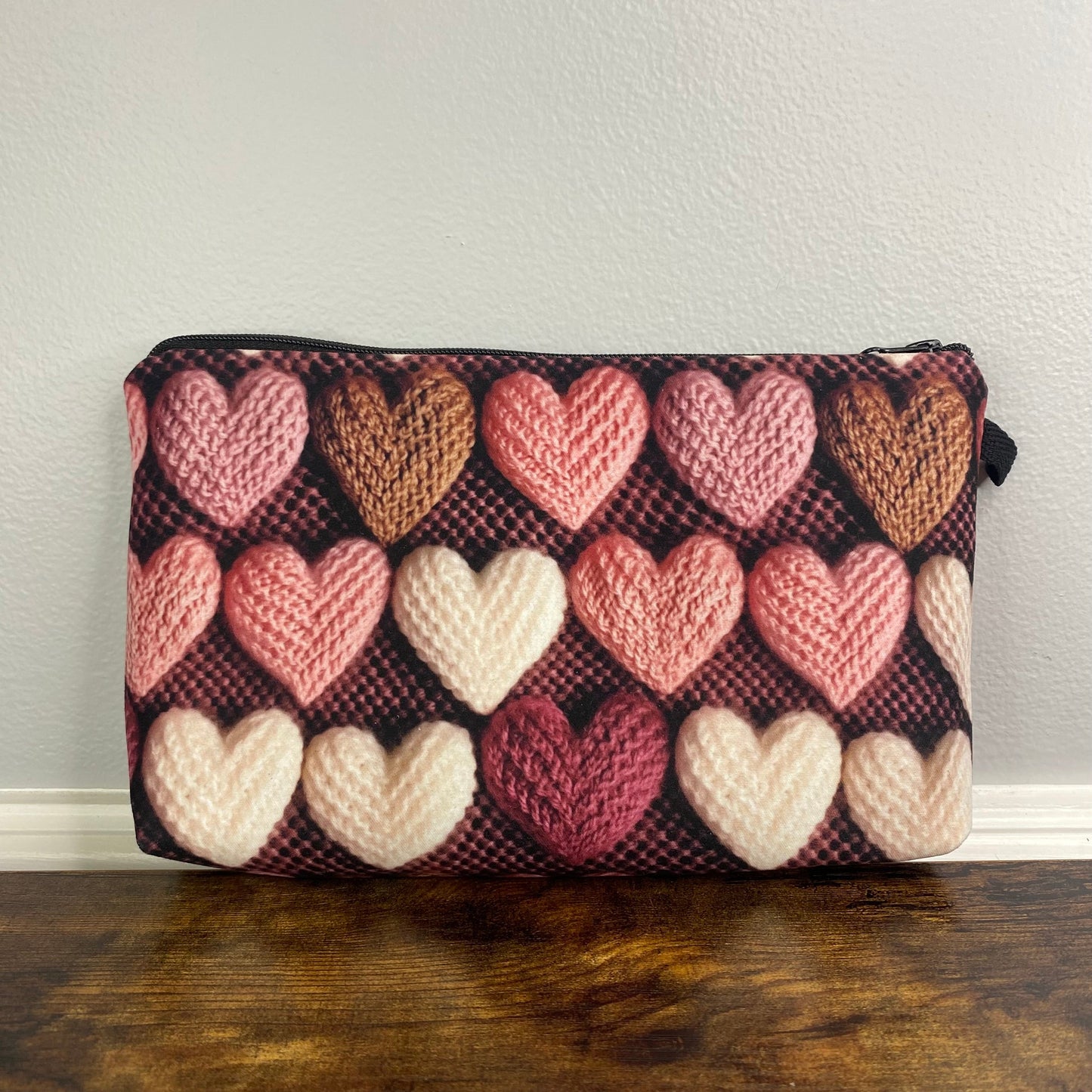 Knit Hearts On Maroon - Water-Resistant Multi-Use Pouch