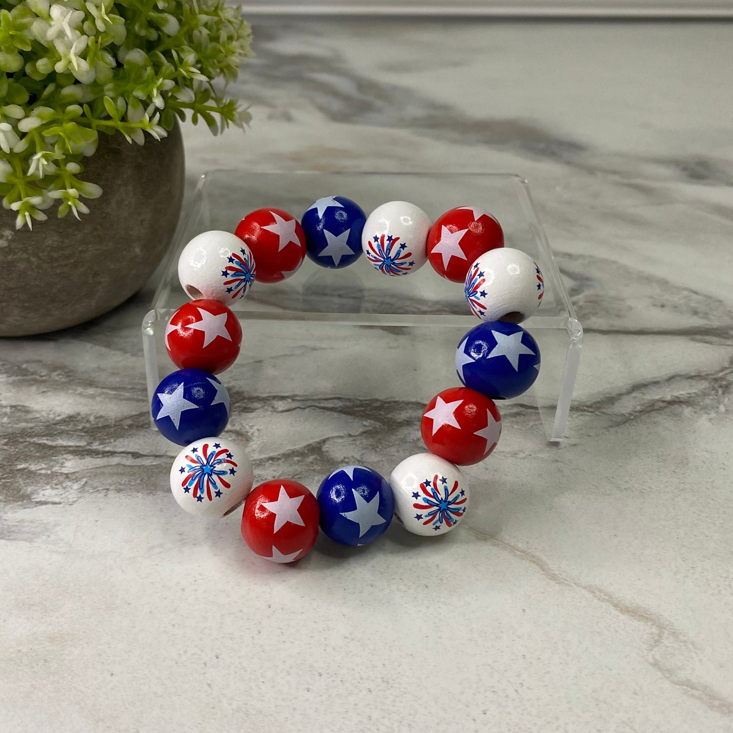 Wood Bracelet Keychain - Fourth Of July - Red, White, & Blue