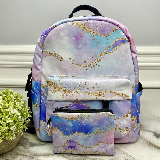 Purple Sparkle Waves - Water-Resistant Mini Backpack & Pouches Set