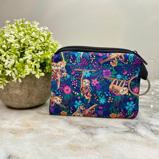 Sloth Floral - Water-Resistant Mini Pouch w/ Keyring