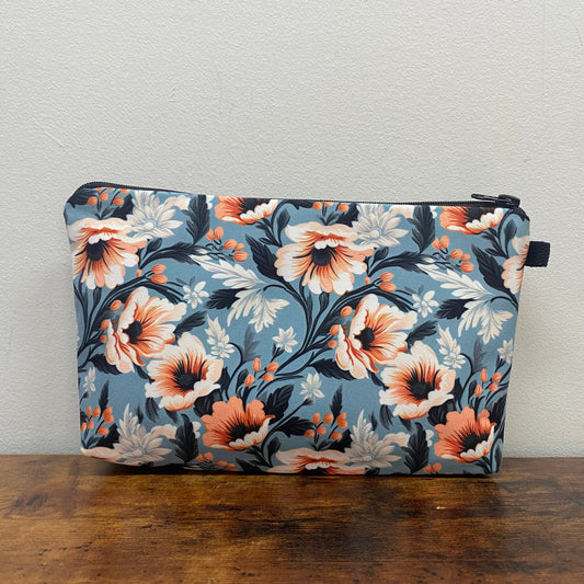 Orange Cream Floral On Blue - Water-Resistant Multi-Use Pouch