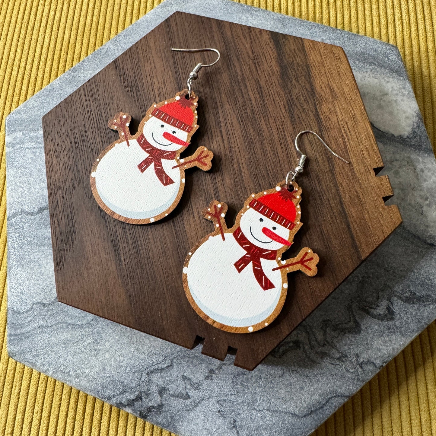 Wooden Dangle Earrings - Holiday Christmas - Snowman