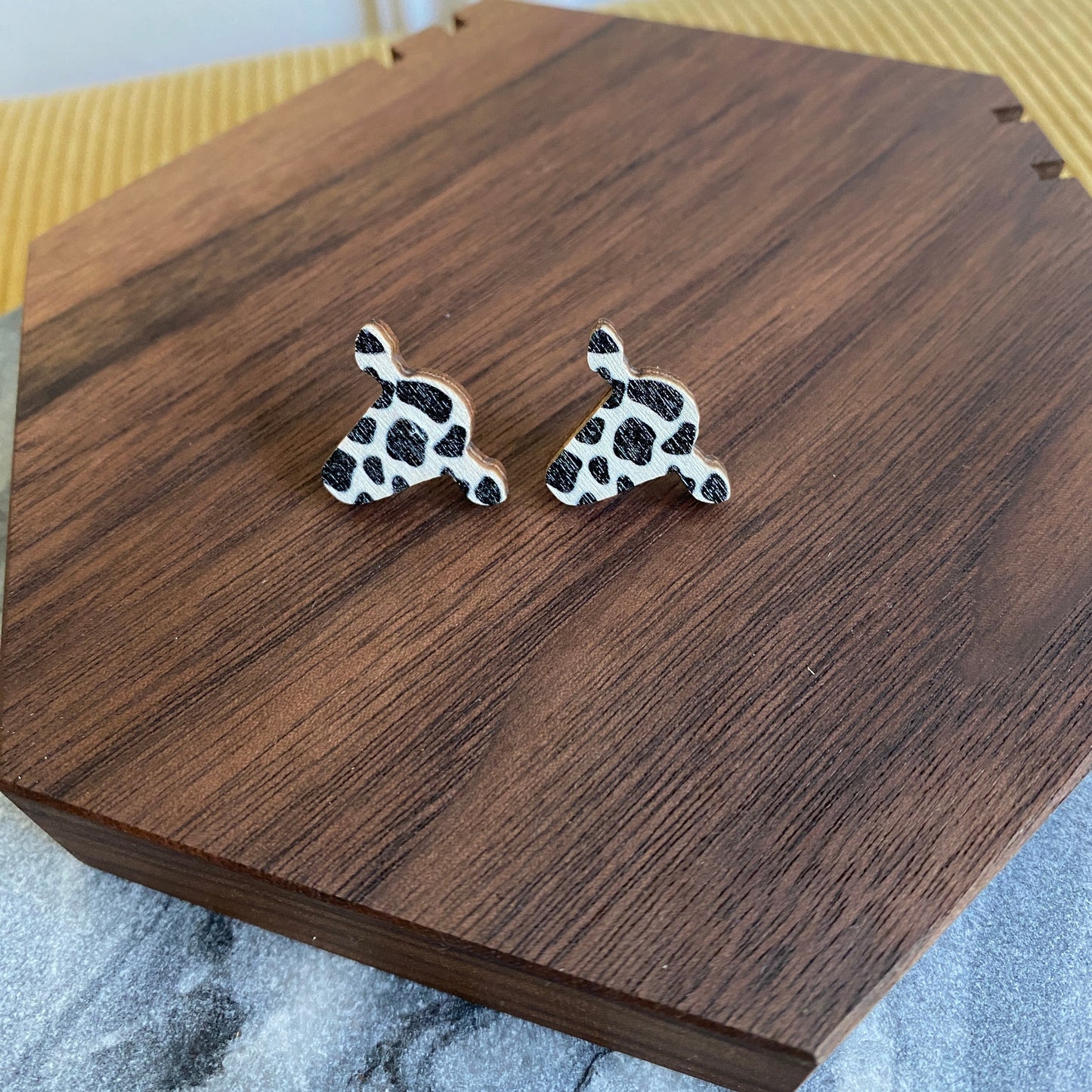 Wooden Stud Earrings - B&W Cow Head