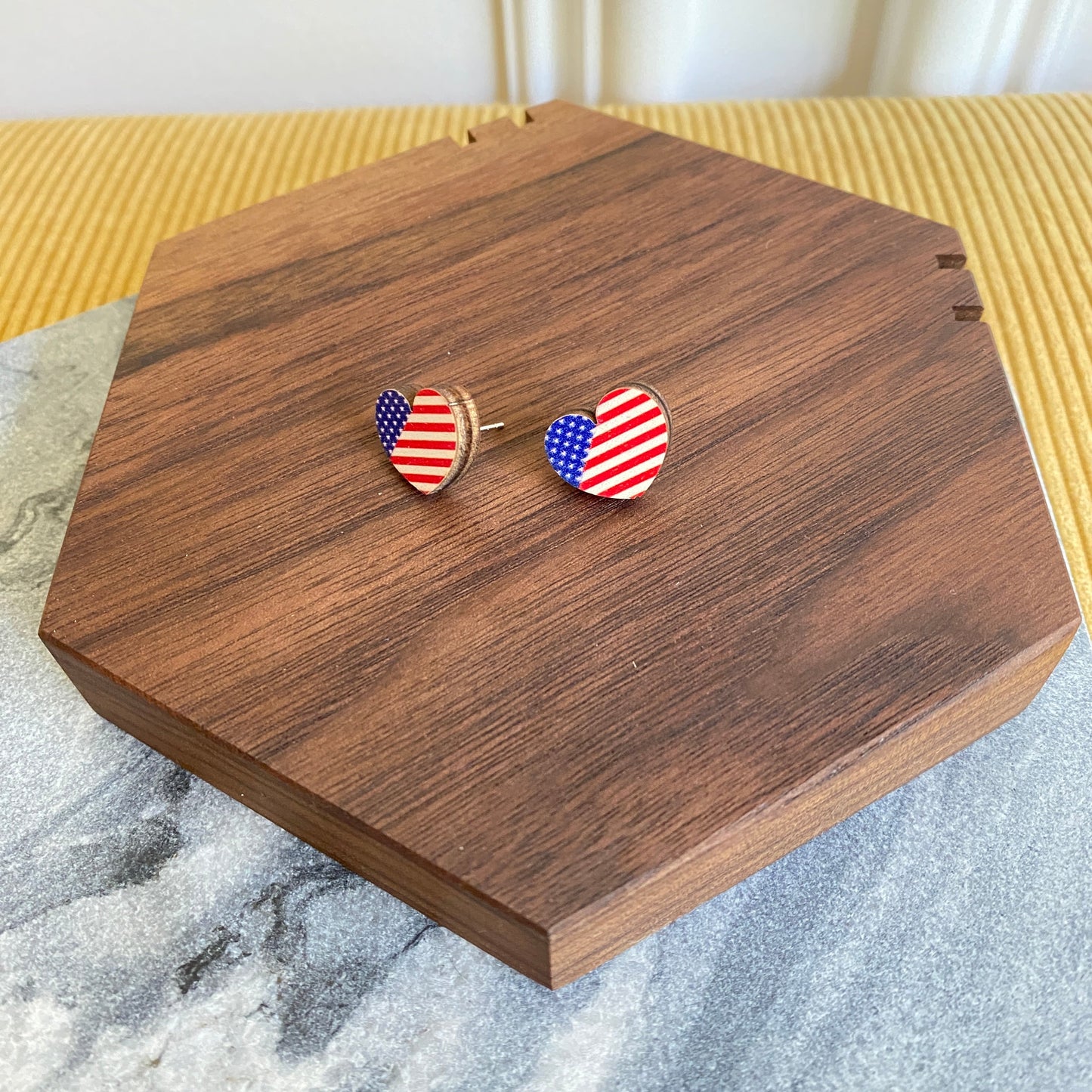 Wooden Stud Earrings - USA Heart