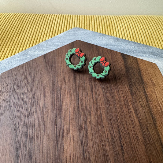 Wooden Stud Earrings - Holiday Christmas - Wreath