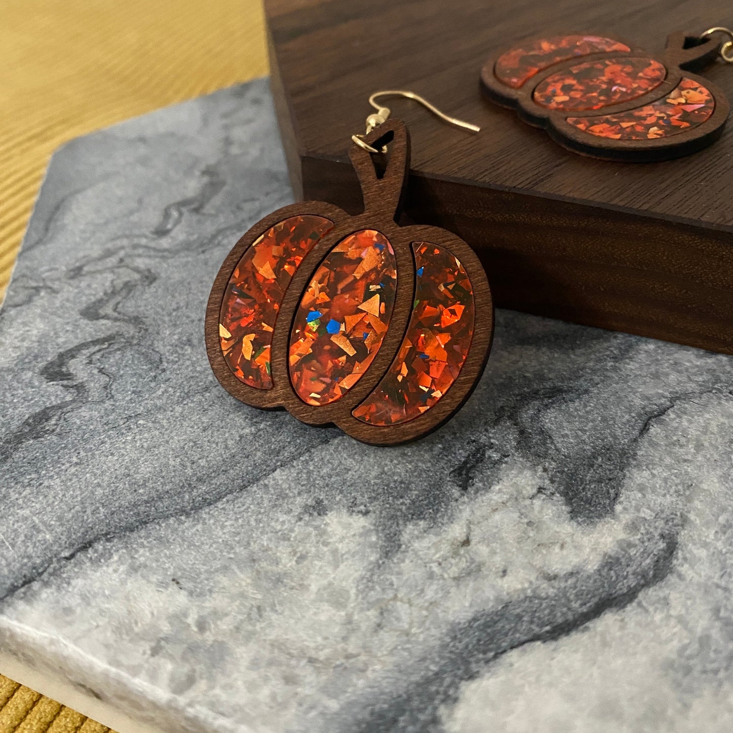 Wooden Earrings - Pumpkin Dark Orange Glitter