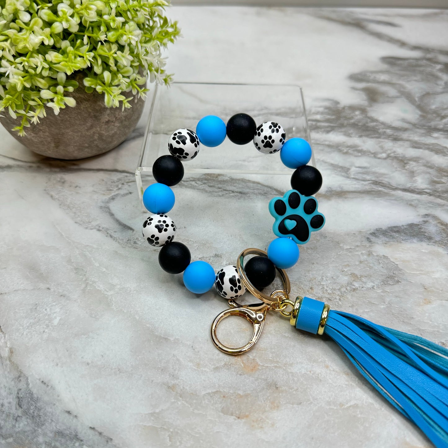 Wood & Silicone Bracelet Keychain - Blue Paw Print