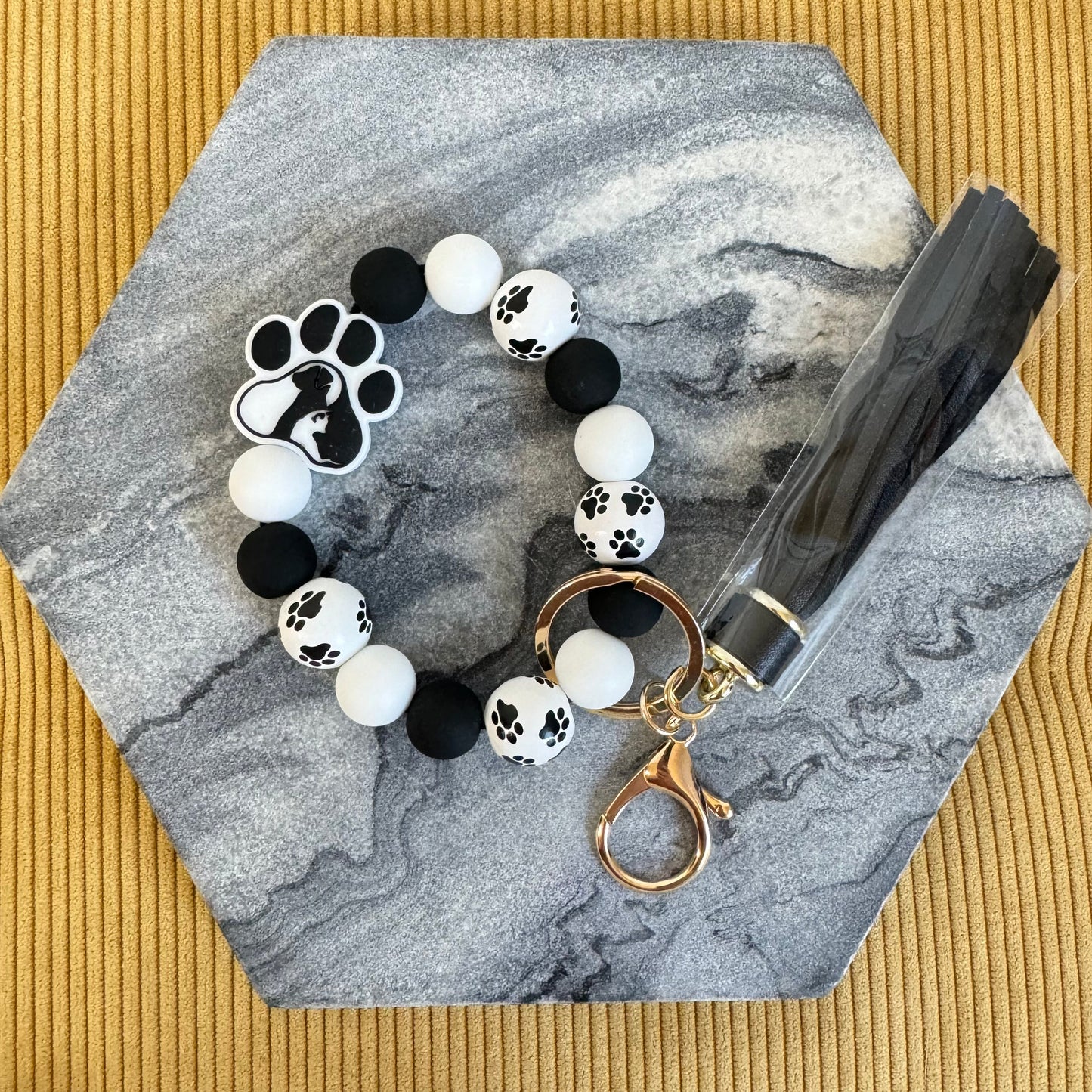 Silicone / Wood Bracelet Keychain - Paw B&W