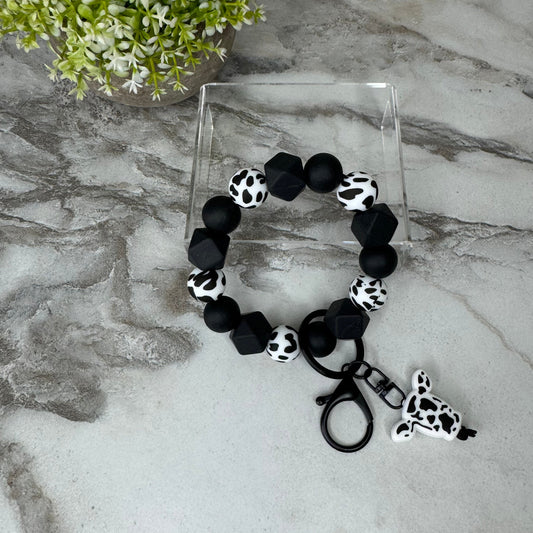 Silicone Bracelet Keychain - B&W Cow