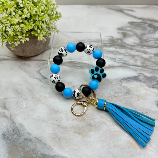 Wood & Silicone Bracelet Keychain - Blue Paw Print