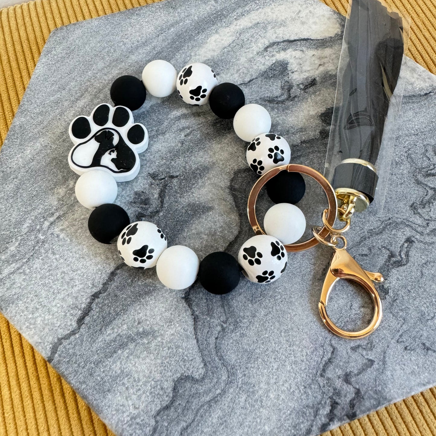 Silicone / Wood Bracelet Keychain - Paw B&W