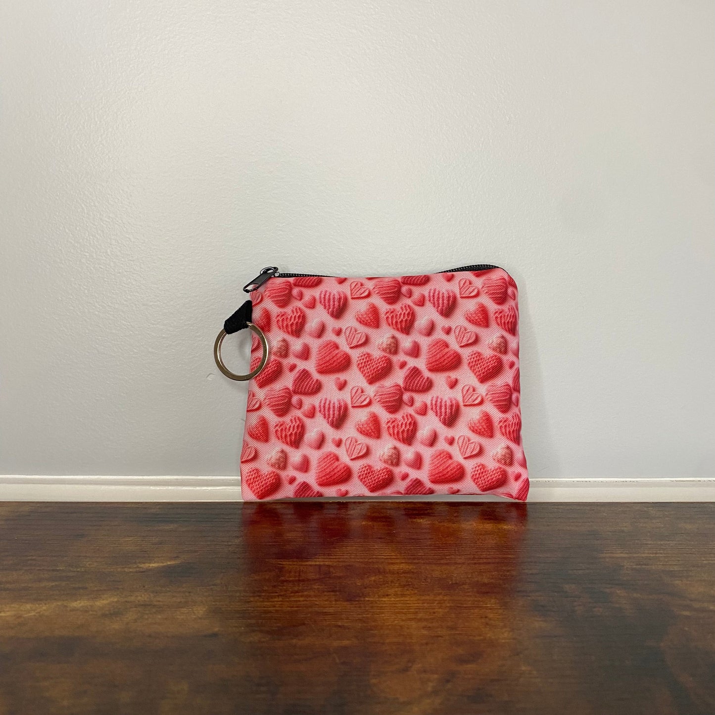 All Pink Knit Hearts - Water-Resistant Mini Pouch w/ Keyring