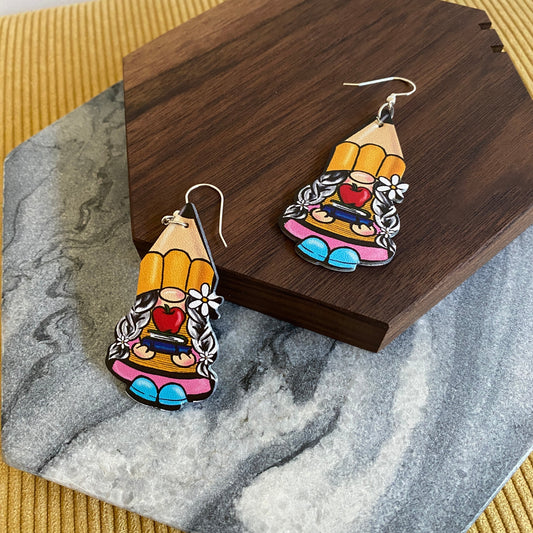 Faux Leather Earrings - Pencil Teacher Gnome