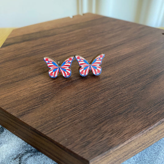 Wooden Stud Earrings - Red White Blue Butterfly