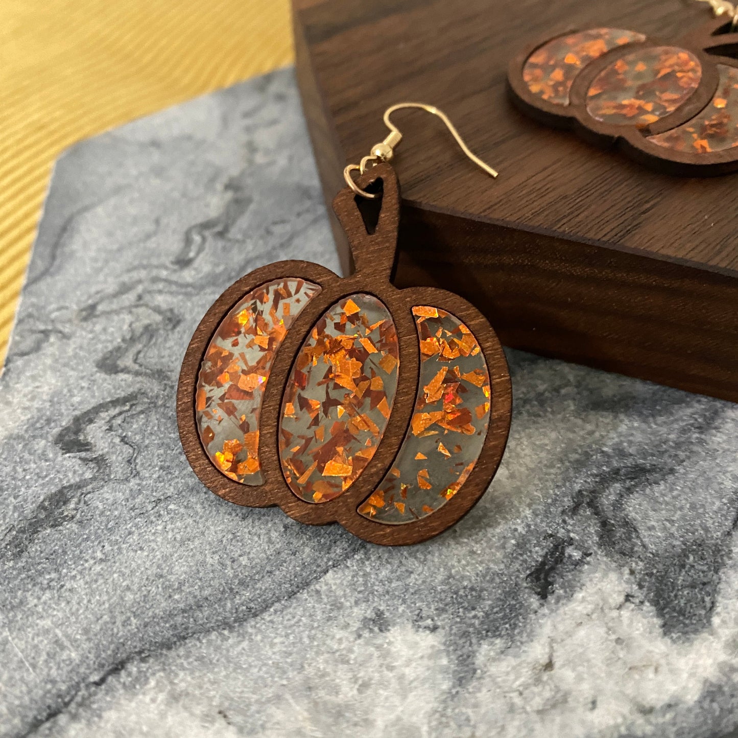 Wooden Earrings - Pumpkin Clear Orange Glitter