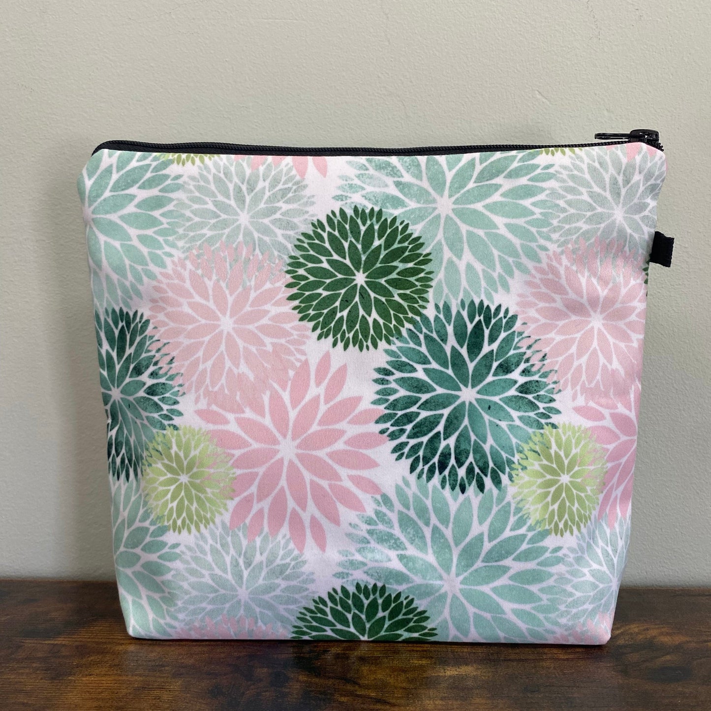 Floral Green Pink Dahlia - Water-Resistant Multi-Use XL Pouch