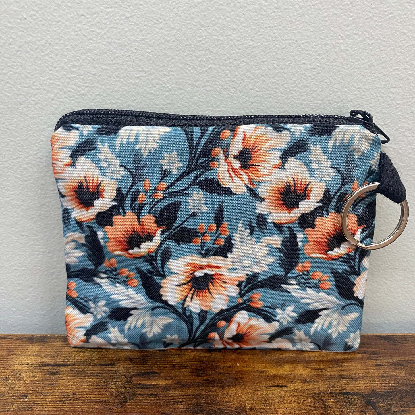 Orange Cream Floral On Blue - Water-Resistant Mini Pouch w/ Keyring