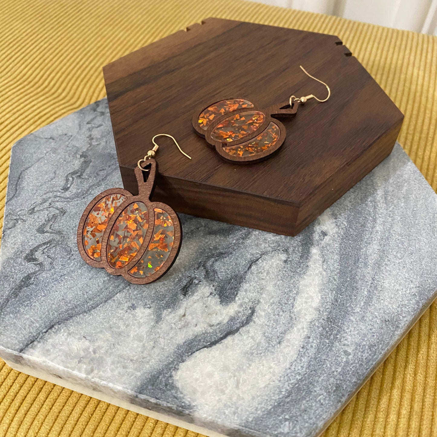 Wooden Earrings - Pumpkin Clear Orange Glitter