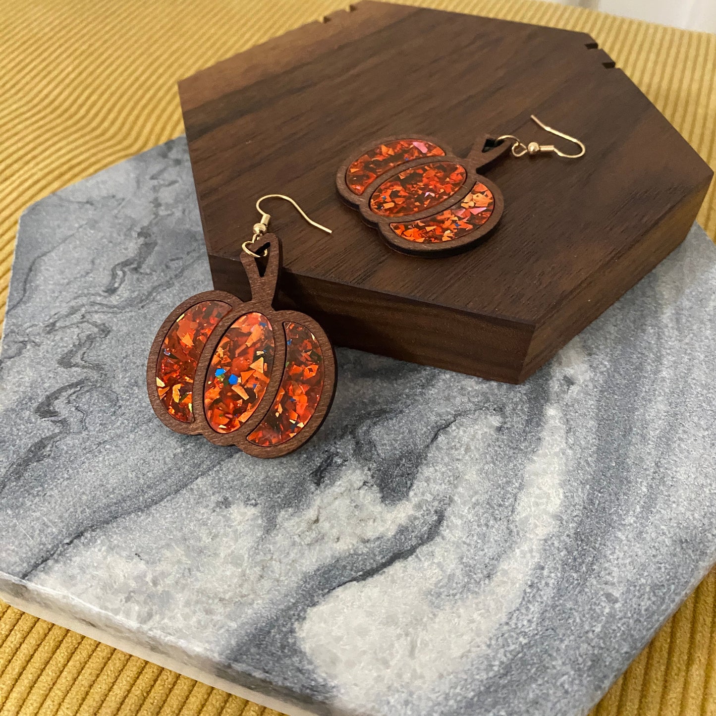 Wooden Earrings - Pumpkin Dark Orange Glitter