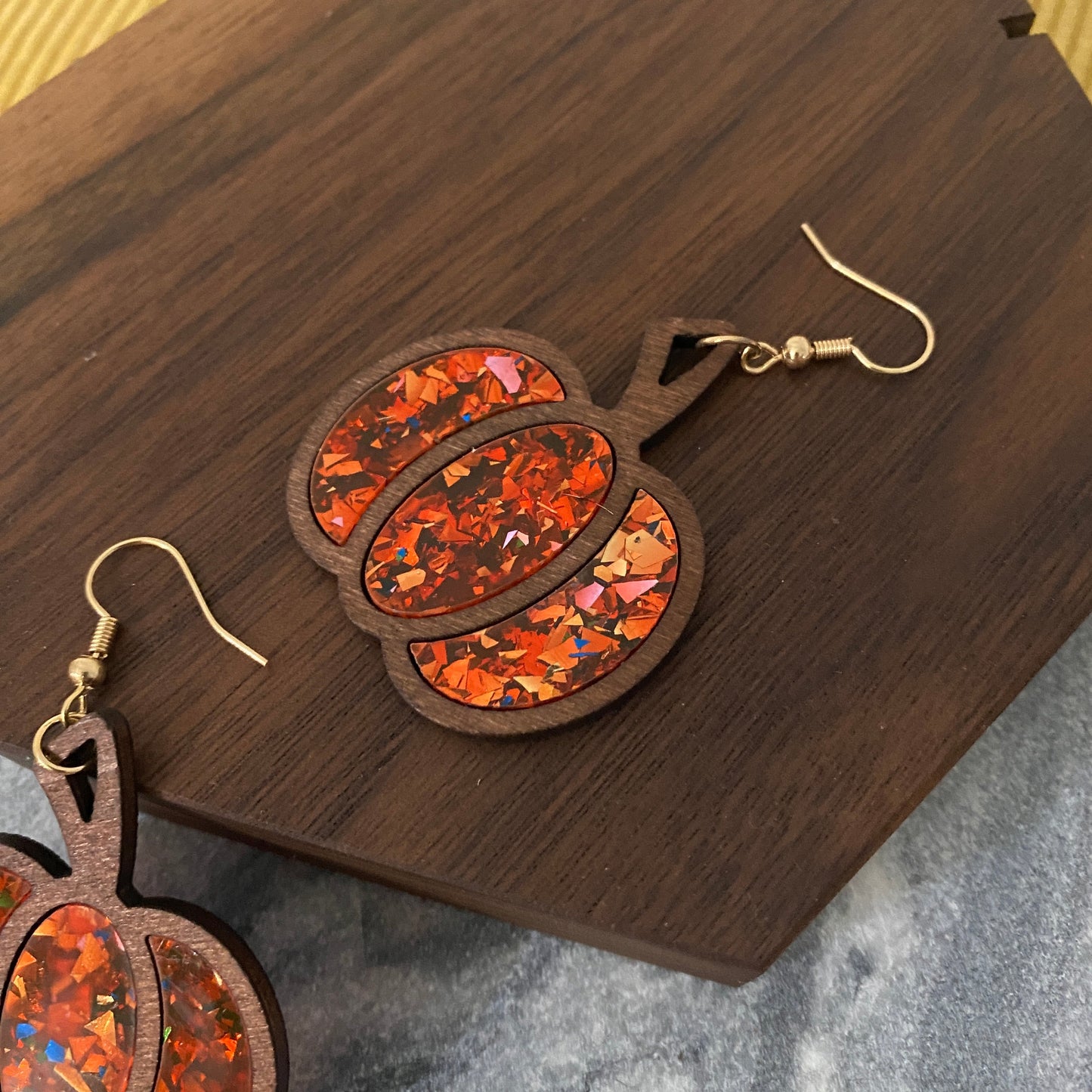 Wooden Earrings - Pumpkin Dark Orange Glitter