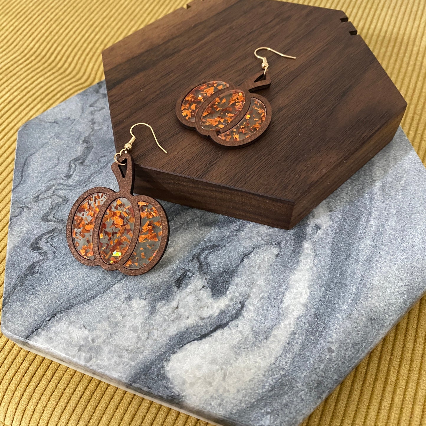 Wooden Earrings - Pumpkin Clear Orange Glitter