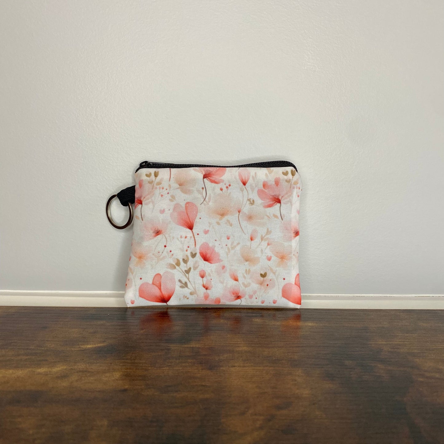 Floral Pale Pink & Cream - - Water-Resistant Mini Pouch w/ Keyring