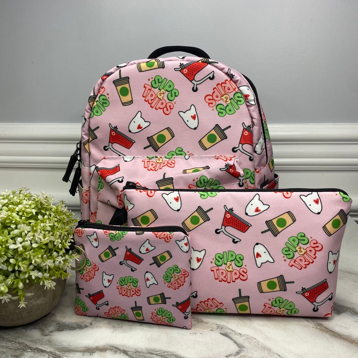 Sips & Trips Pink - Water-Resistant Mini Backpack & Pouches Set