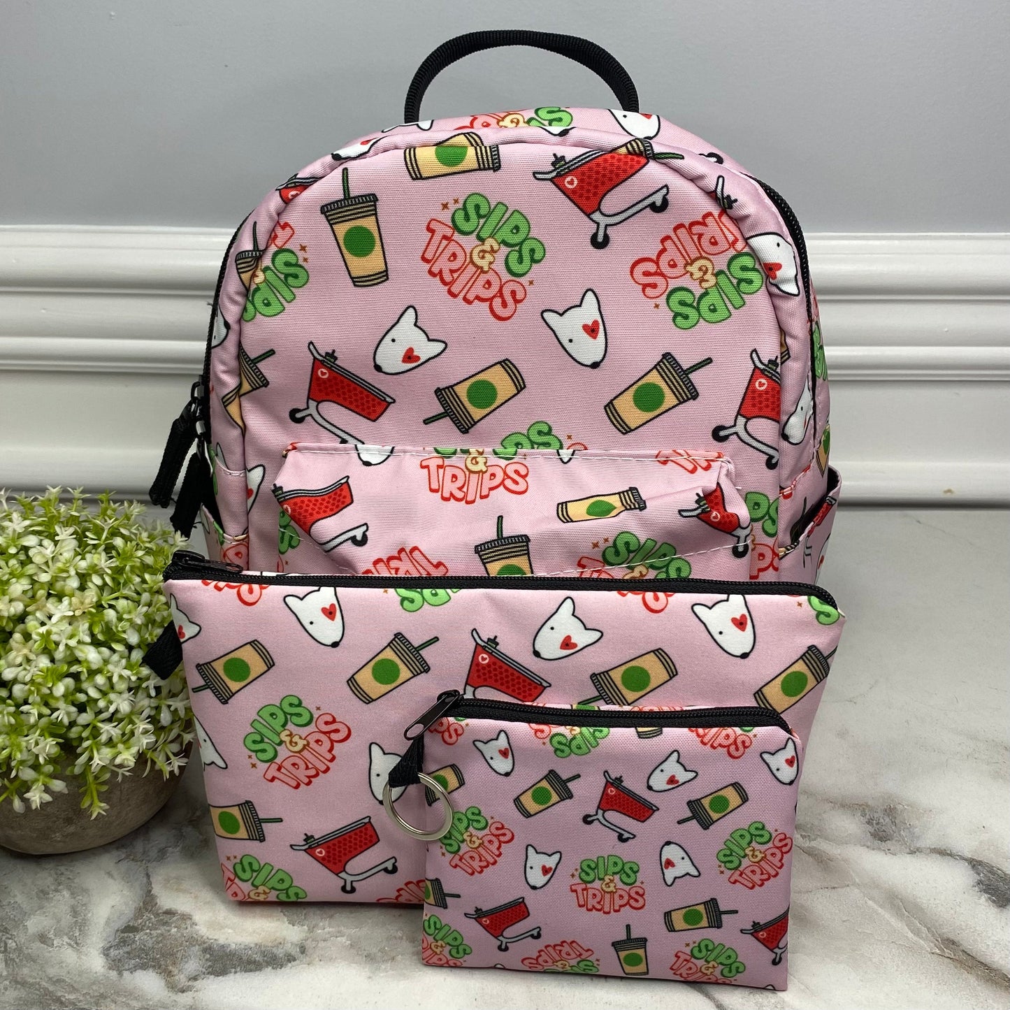 Sips & Trips Pink - Water-Resistant Mini Backpack & Pouches Set