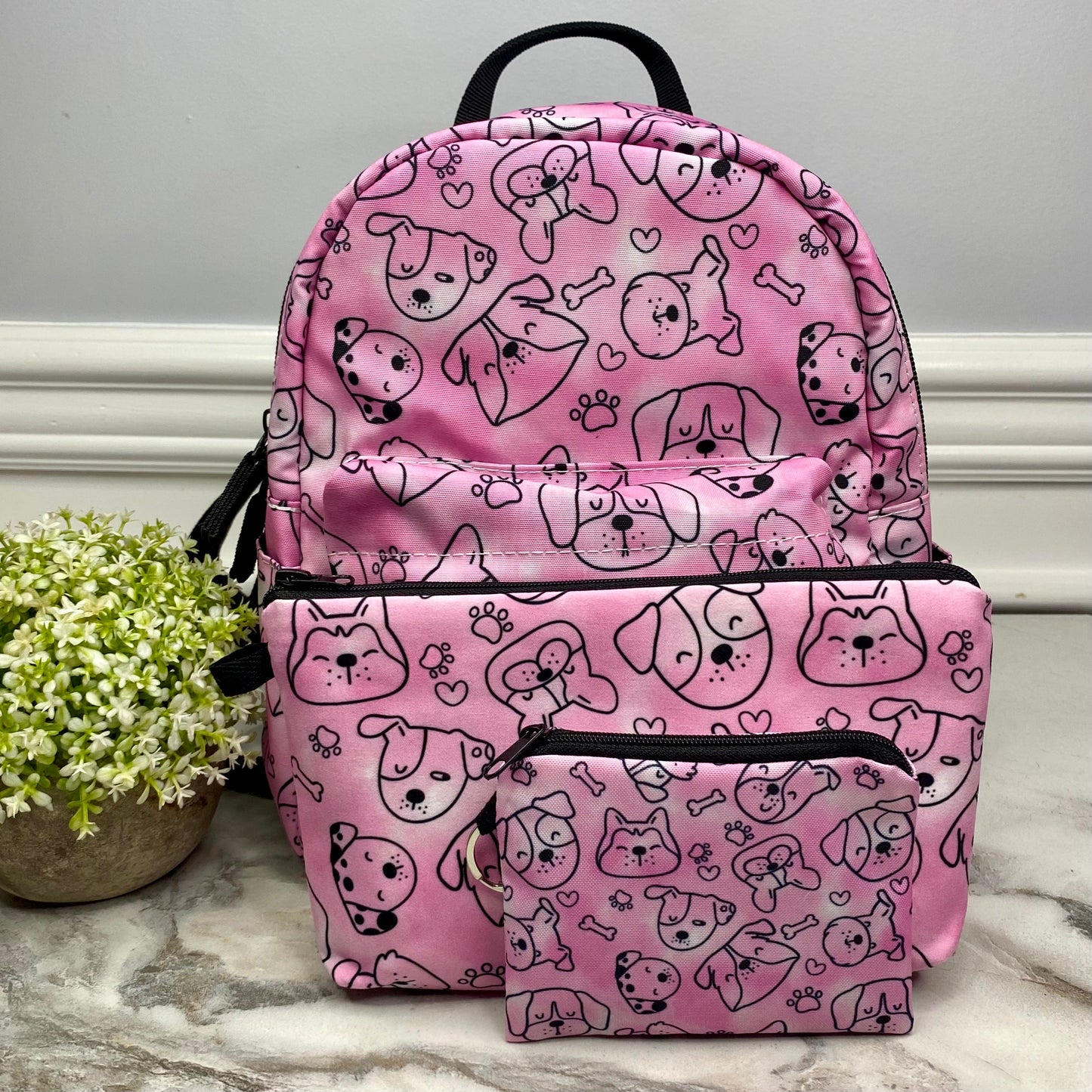 Dogs On Pink - Water-Resistant Mini Backpack & Pouches Set