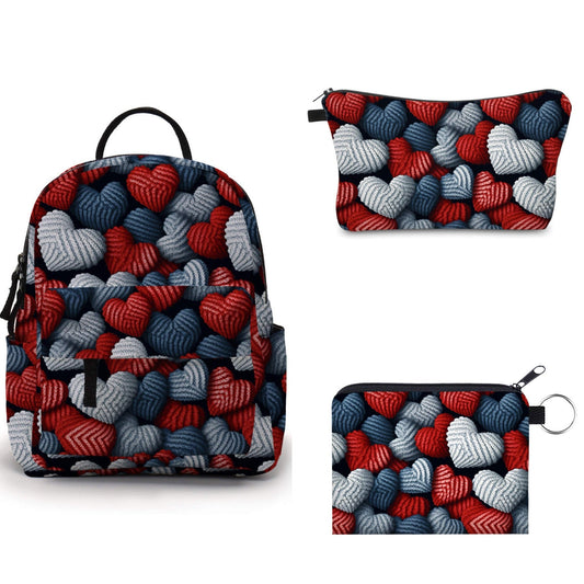Blue + Red Knit Hearts - Water-Resistant Mini Backpack & Pouches Set