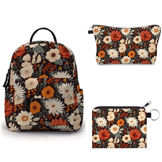 Cream And Orange Floral Water-Resistant Mini Backpack & Pouches Set