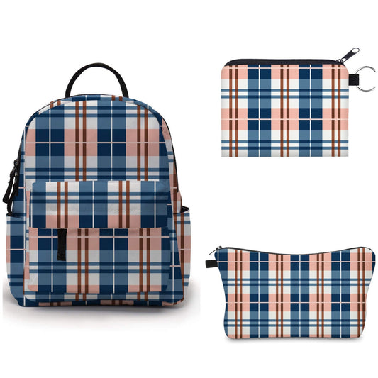 Plaid Blue Pink - Water-Resistant Mini Backpack & Pouches Set