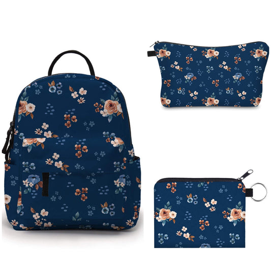 Floral Bronze Navy - Water-Resistant Mini Backpack & Pouches Set
