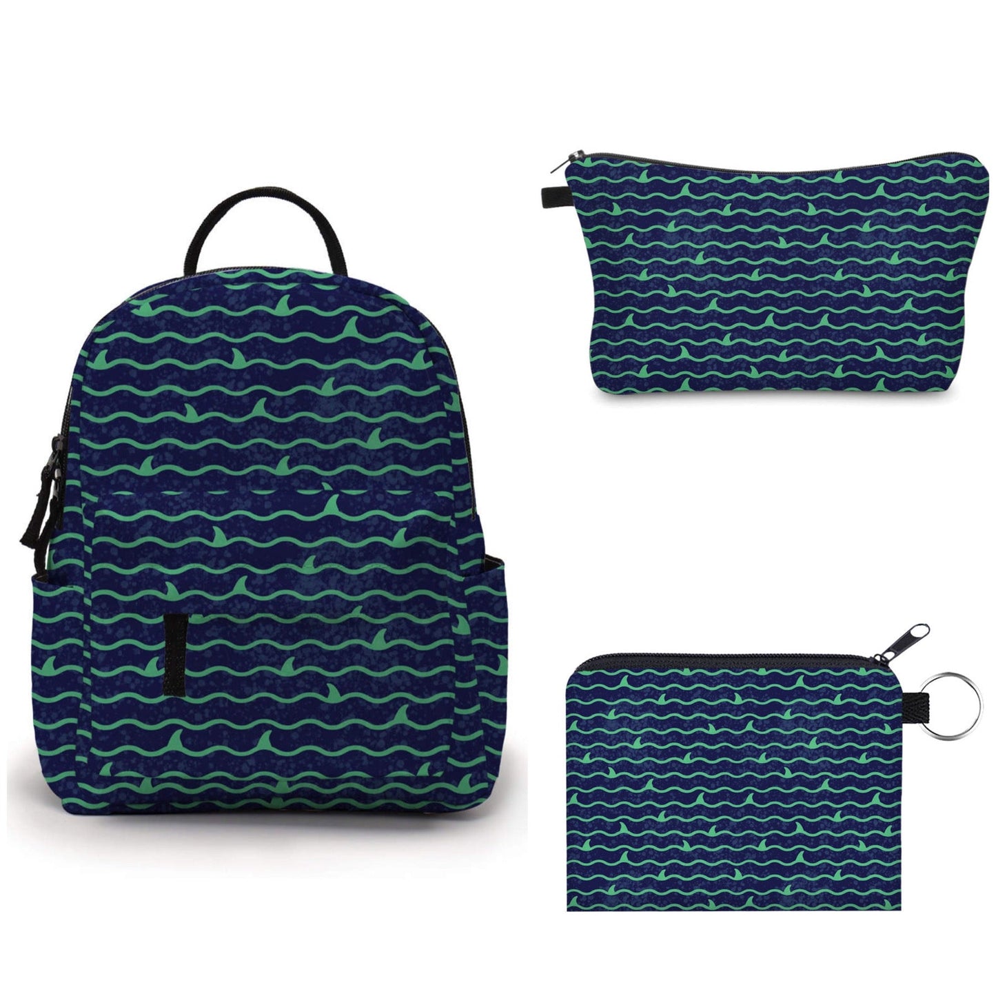 Shark Waves Green Blue - Water-Resistant Mini Backpack & Pouches Set