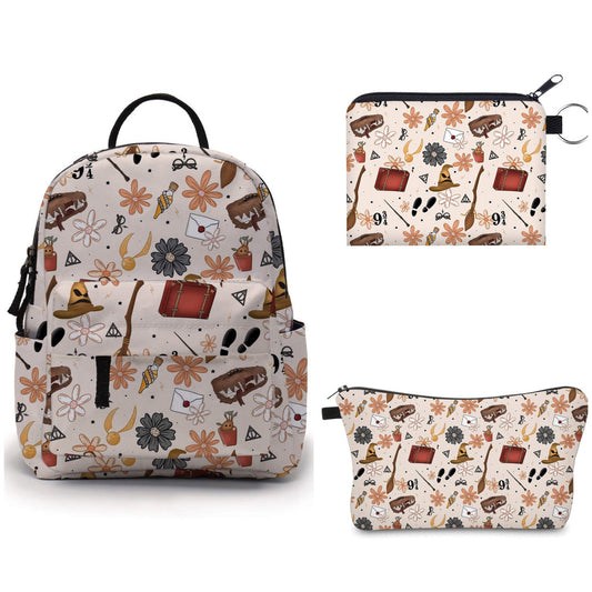 Magic Floral Suitcase - Water-Resistant Mini Backpack & Pouches Set