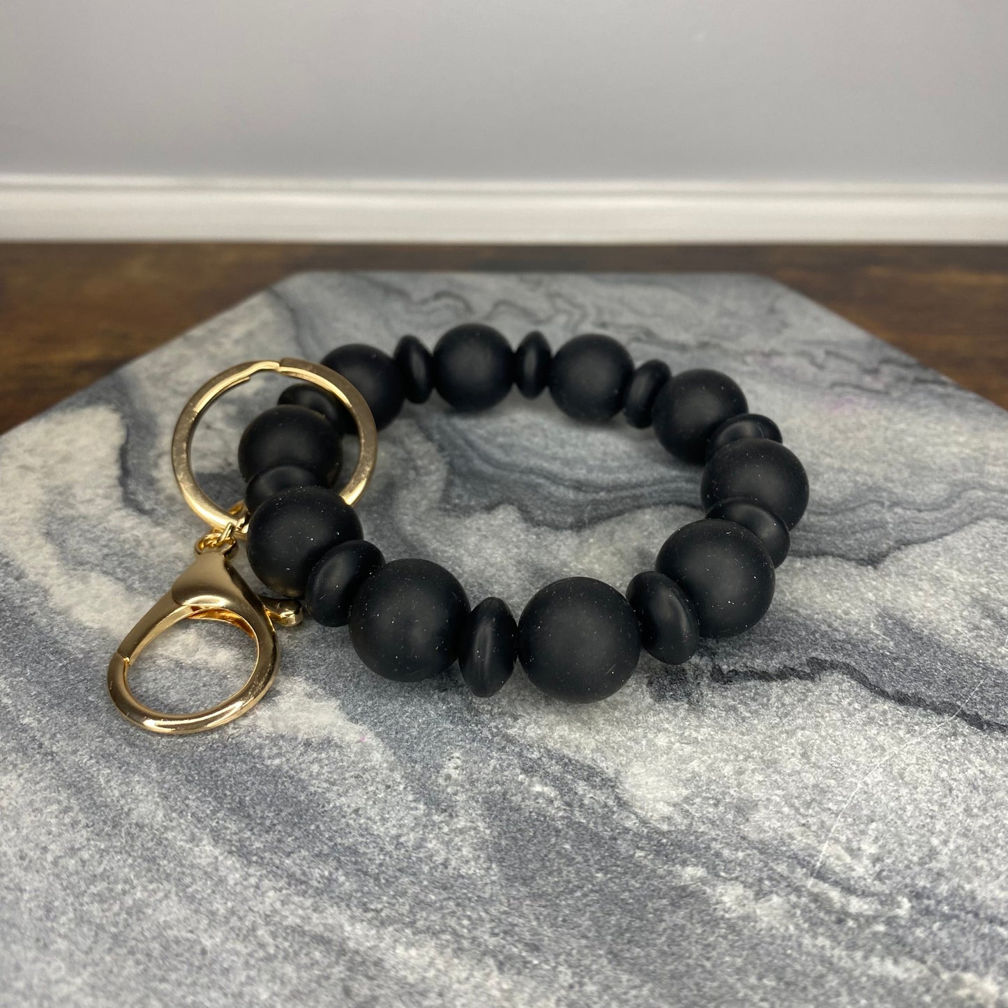 Silicone Bracelet Keychain - Black Solid Beads