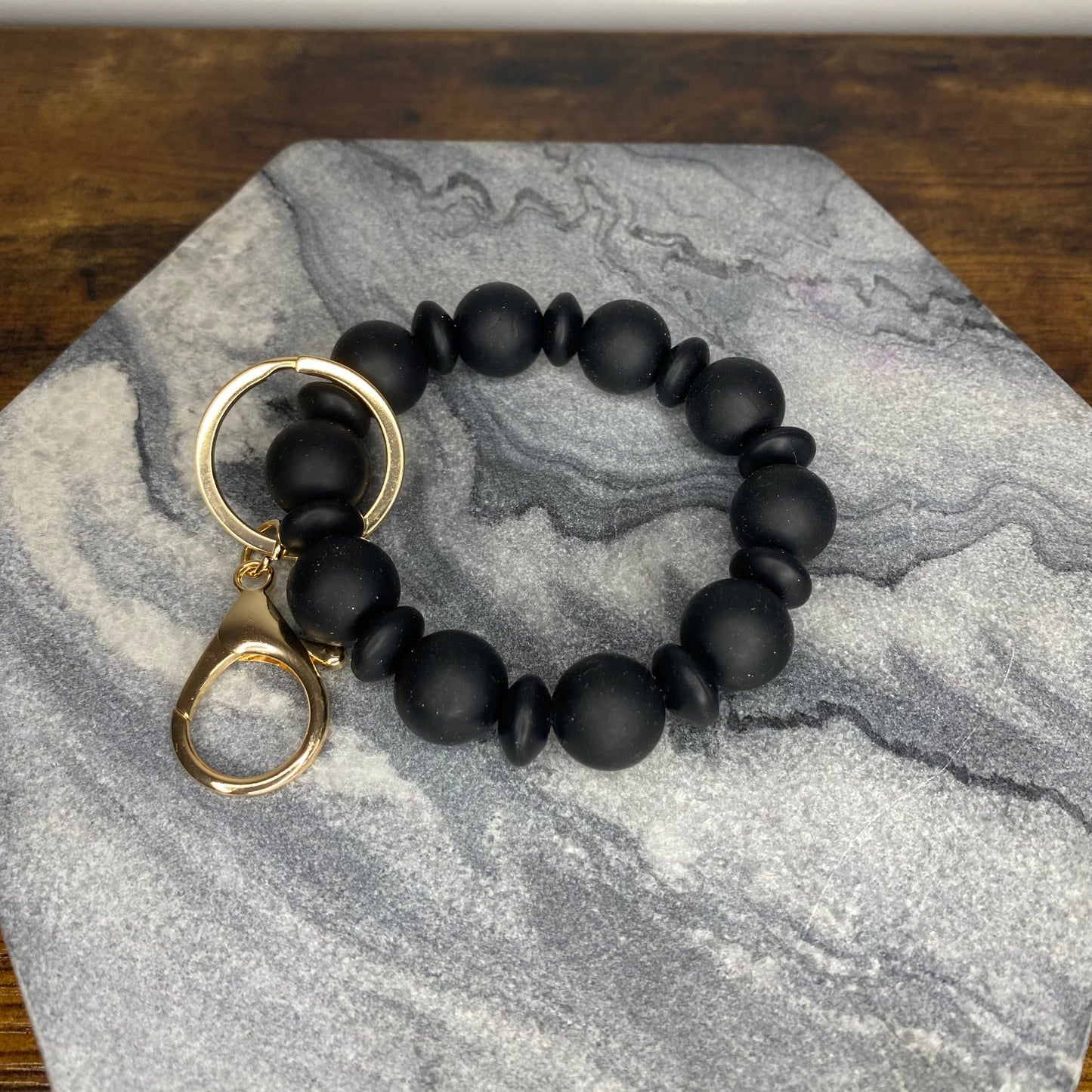 Silicone Bracelet Keychain - Black Solid Beads