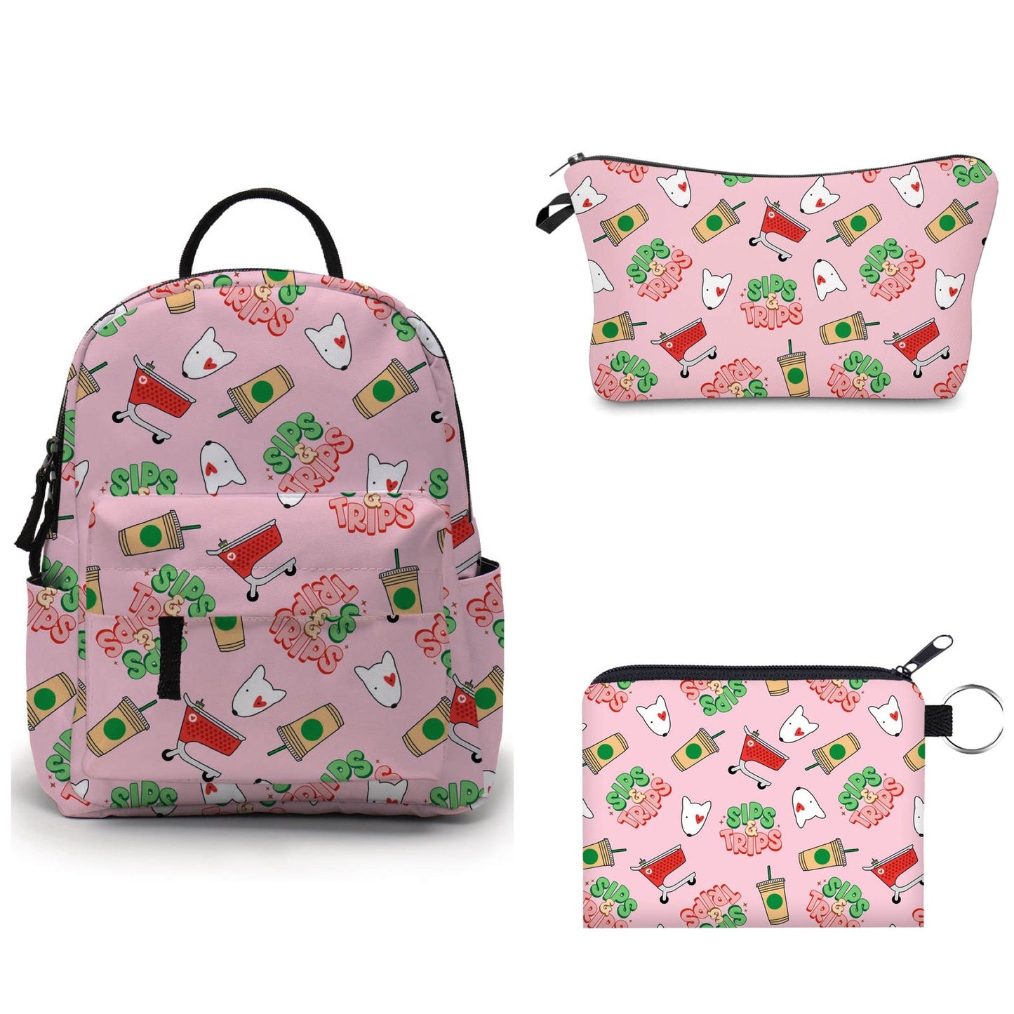 Sips & Trips Pink - Water-Resistant Mini Backpack & Pouches Set