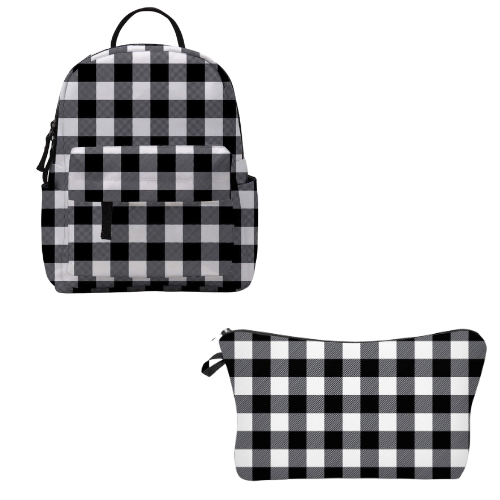 White & Black Buffalo Plaid- Water-Resistant Mini Backpack & Pouch Set