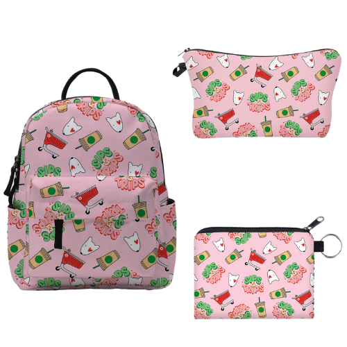 Pink Sips & Trips - Water-Resistant Mini Backpack & Pouches Set